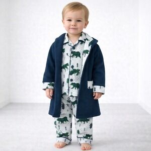 Bass Pro Shop Kids Pajama Set 24M Moose Plaid Robe Pants Button Up Blue Gray NWT